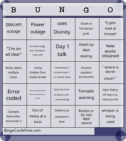 Bungie Salvations Edge Raid for LFG Bingo Cards Free Pdf Printable Game, Title: BUNGO