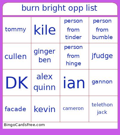 Burn Bright Opp List Bingo Card