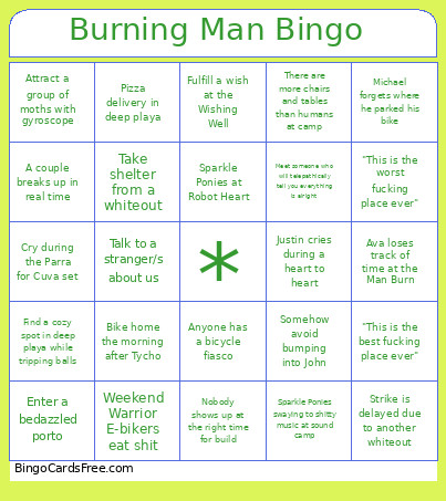 Burning Man Bingo Card