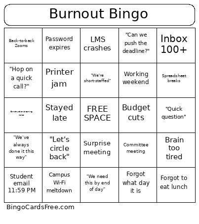 Burnout Bingo Card