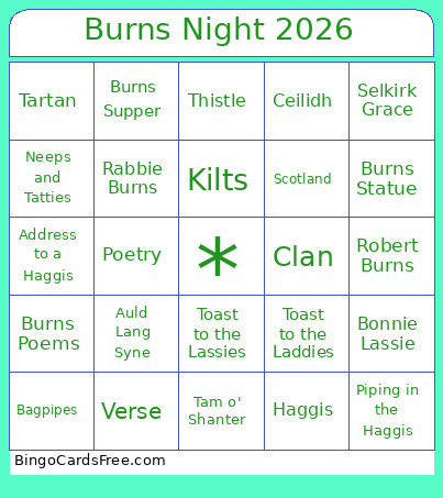 Burns Night 2026 Bingo Card