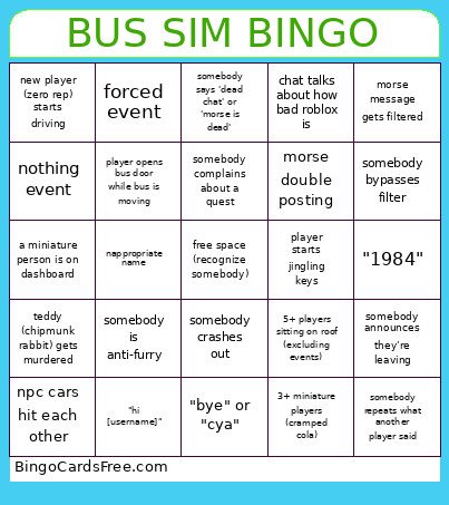 Bus Simulator Bingo Card