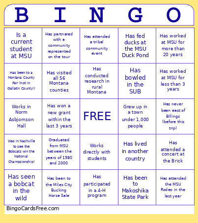 Bus Tour Bingo Card