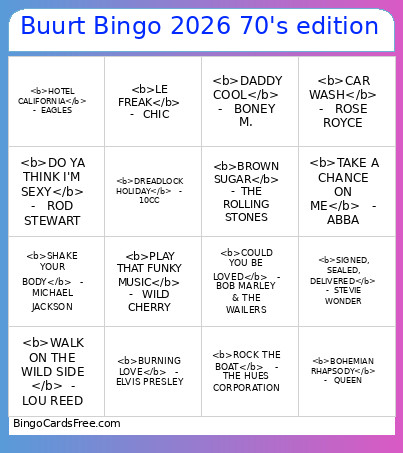 Buurt 2026 70's Edition Bingo Card