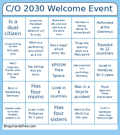 C/O 2030 Welcome Event Bingo Card