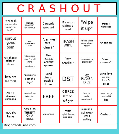C R A S H O U T Bingo Card