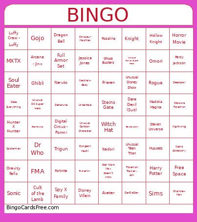 C2E2 Cosplays Bingo Card