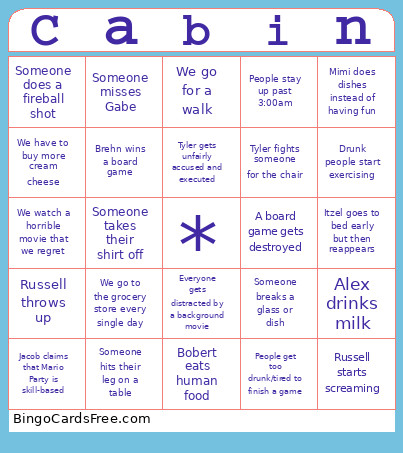 Cabin Bingo Card