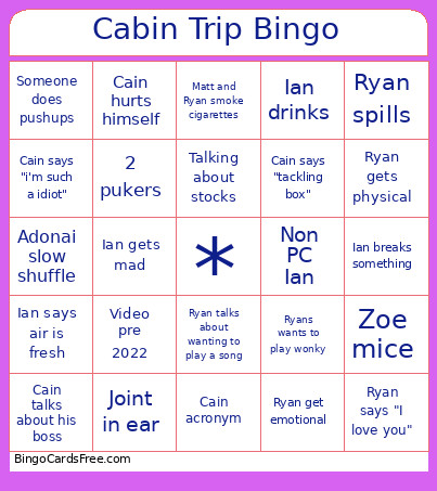 Cabin Trip Bingo Card