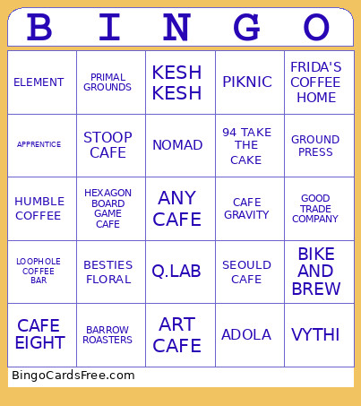 Cafe Bingo Card