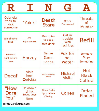 Cafe Bingo Card