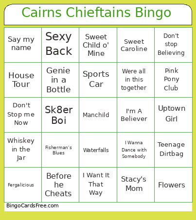 Cairns Chieftains Bingo Card