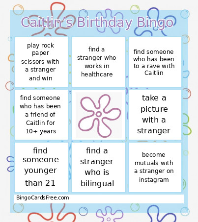 Caitlin’s Birthday Bingo Card