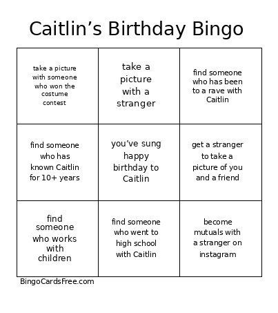 Caitlin’s Birthday Bingo Card