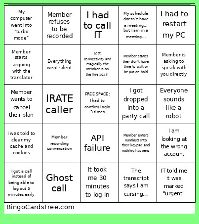 Call Center Bingo Card