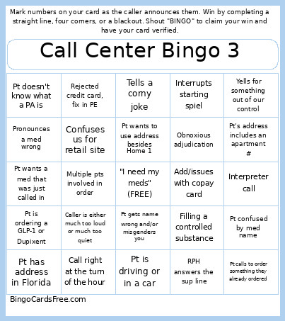 Call Center 3 Bingo Card