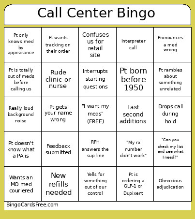 Call Center Bingo Card