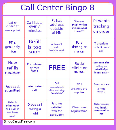 Call Center 8 Bingo Card