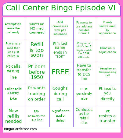 Call Center Episode VI Bingo Card