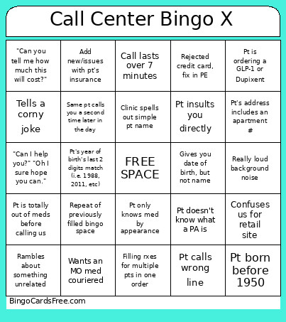 Call Center X Bingo Card
