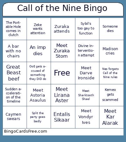 Call of the Nine Bingo Cards Free Pdf Printable Game, Title: Call of the Nine Bingo