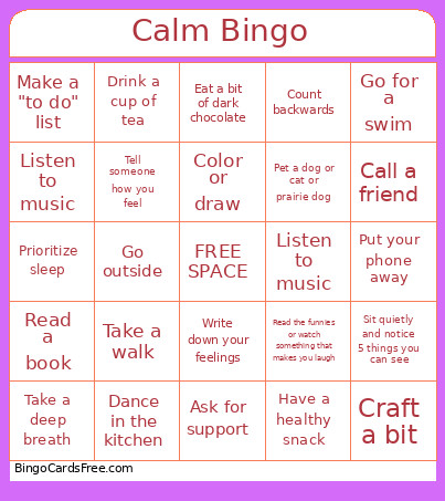 Calm Bingo Card