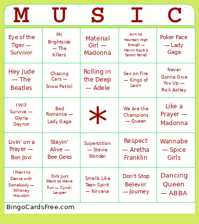 Camberley Music Bingo Card