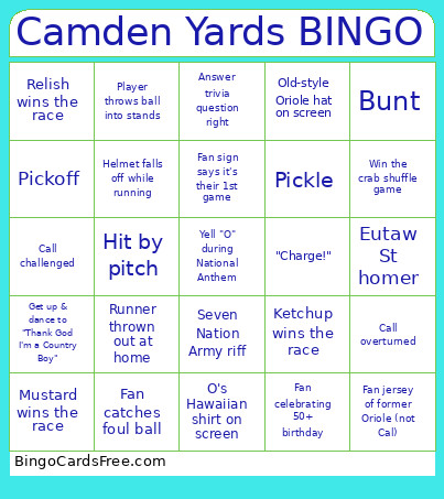 Camden Yards Bingo Card 2
