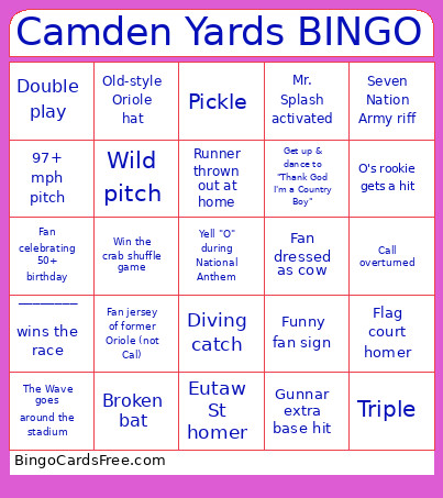 Camden Yards Bingo Card