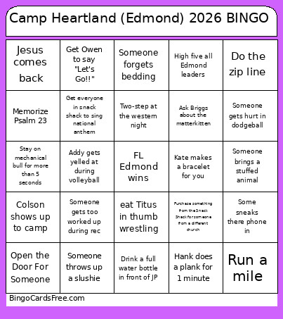 Camp Heartland (Edmond) 2026 Bingo Card