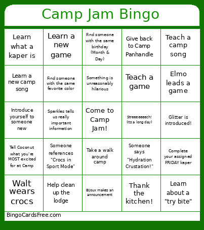 Camp J 2026 Bingo Card