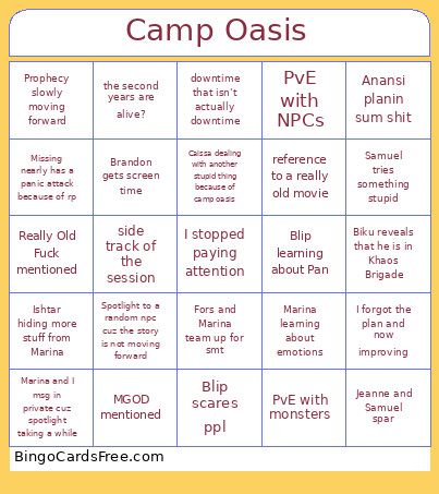 Camp Oasis Bingo Card