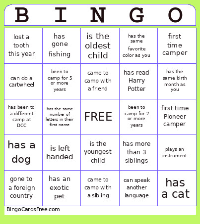 Camper Bingo Card