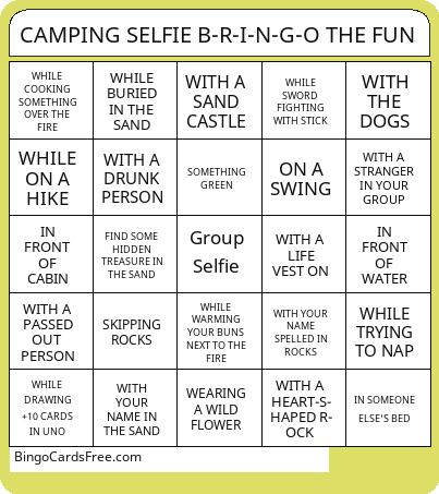 Camping Weekend Bingo Cards Free Pdf Printable Game, Title: CAMPING SELFIE B-R-I-N-G-O THE FUN