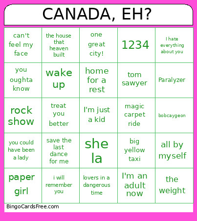 CANADA, EH? Bingo Card