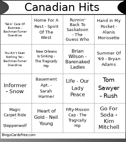 Canadian Hits Bingo Card