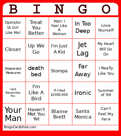 Canadian Music Bingo Card