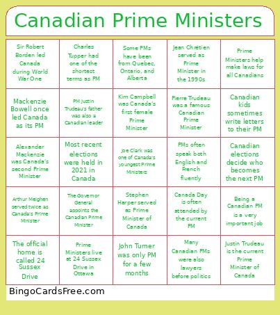 Canadian Prime Ministers Bingo