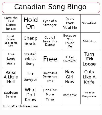 Canadian Song Bingo Card