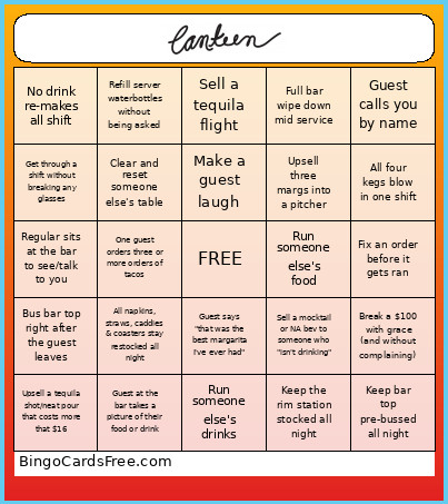 Canteen Bartender Bingo Card