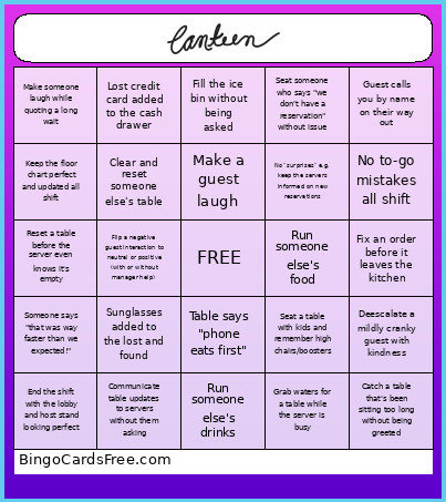Canteen Host Bingo Card