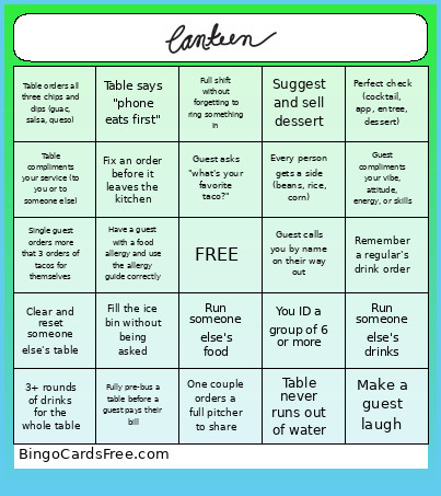Canteen Server Bingo Card