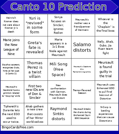 Canto 10 Prediction Bingo Card