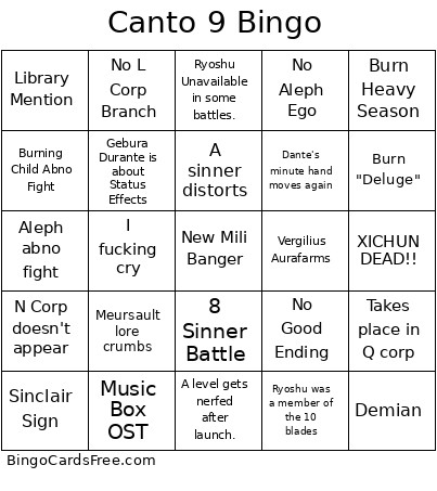 Canto 9 Bingo Card