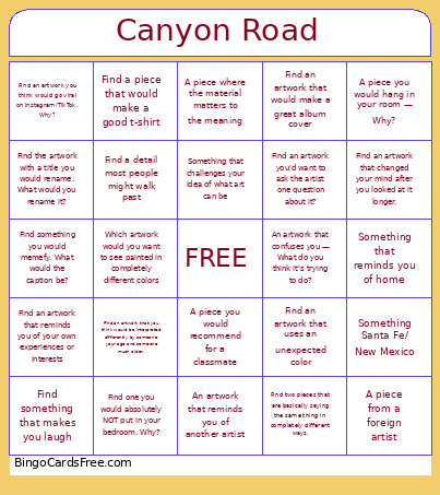Canyon Road Bingo Card
