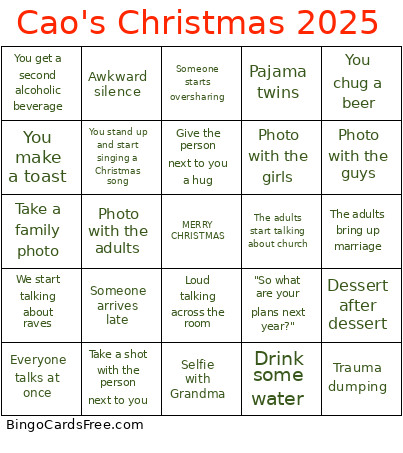 Cao's Christmas 2025 Bingo Card