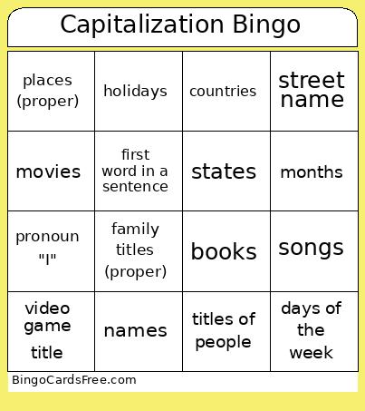 Capitalization Bingo