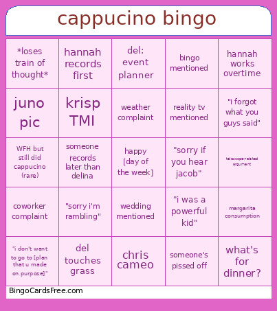 Cappucino Bingo Card