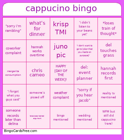 Cappucino Bingo Card
