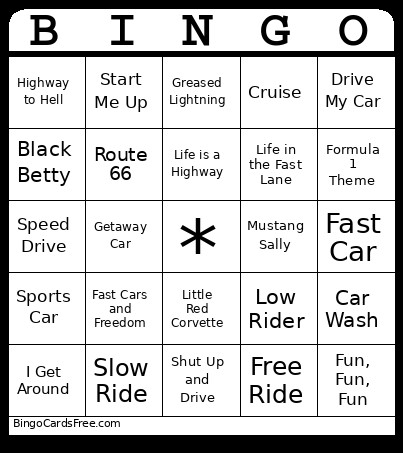 Car Bingo Card